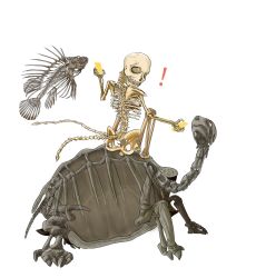 Rule 34 | !, absurdres, bad id, bad twitter id, doitsuken, fish, fox child (doitsuken), galapagos tortoise, highres, holding, looking at viewer, looking back, multiple tails, original, simple background, skeleton, skull, tail, tortoise, turtle, two tails, white background