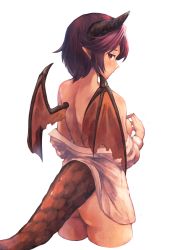 Rule 34 | 1girl, absurdres, ass, bare shoulders, blush, breasts, breasts out, closed mouth, commentary request, cropped legs, dragon girl, dragon horns, dragon tail, dragon wings, from behind, granblue fantasy, grea (shingeki no bahamut), hakase (kamakura0117), highres, horns, long sleeves, looking at viewer, looking back, manaria friends, medium breasts, naked shirt, no bra, off shoulder, open clothes, open shirt, pointy ears, purple hair, red eyes, shingeki no bahamut, shirt, short hair, sideboob, simple background, solo, tail, white background, white shirt, wings