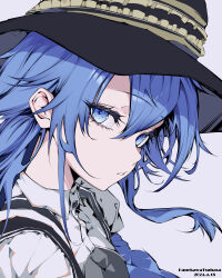 Rule 34 | 1girl, absurdres, blue eyes, blue hair, breasts, dated, eyebrows hidden by hair, from side, hair between eyes, hanekawatsubasa-56, hat, highres, long hair, looking at viewer, mushoku tensei, open mouth, roxy migurdia, shirt, signature, simple background, small breasts, solo, teeth, upper body, white background, white shirt, witch hat