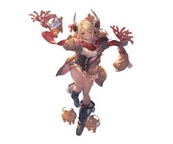 Rule 34 | 1girl, alpha transparency, belt, black footwear, blonde hair, blue shorts, blush, boots, breasts, brown coat, coat, dark-skinned female, dark skin, draph, earrings, full body, fur trim, granblue fantasy, horn ornament, horns, jewelry, kumbhira (granblue fantasy), large breasts, long hair, long sleeves, looking at viewer, minaba hideo, official art, one eye closed, parted bangs, piglet, pointy ears, red legwear, red scarf, ribbed sweater, scarf, short shorts, shorts, smile, solo, sweater, transparent background, turtleneck, turtleneck sweater, white sleeves, yellow eyes