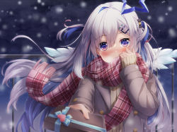 Rule 34 | 1girl, amane kanata, amane kanata (work), blue hair, blush, box, brown jacket, brown sweater, colored inner hair, commentary request, gift, hair between eyes, hair ornament, hairclip, halo, highres, holding, holding box, hololive, incoming gift, jacket, layered sleeves, long sleeves, looking at viewer, multicolored hair, open clothes, open jacket, pink hair, plaid, plaid scarf, purple eyes, red scarf, scarf, silver hair, sleeves past wrists, solo, star halo, streaked hair, sweater, two side up, upper body, valentine, virtual youtuber, yukikawa sara