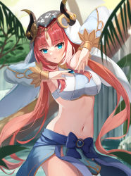 Rule 34 | 1girl, absurdres, blue bow, blue eyes, blue skirt, blurry, blurry background, blush, bow, breasts, cowboy shot, crop top, dancer, detached sleeves, forehead jewel, genshin impact, harem outfit, highres, horns, i ruru, large breasts, leaf, long hair, looking at viewer, low twintails, navel, nilou (genshin impact), parted bangs, red hair, skirt, smile, stomach, twintails, vambraces, veil, white headdress, white sleeves