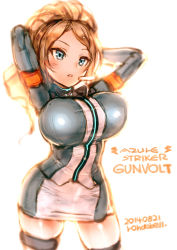 Rule 34 | 1girl, arms behind head, azure striker gunvolt, blue eyes, breasts, brown hair, curvy, highres, huge breasts, monica (gunvolt), open mouth, ponytail, rondo bell, skirt, solo, thighhighs, white background