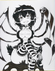Rule 34 | 1girl, adapted costume, asymmetrical wings, bare shoulders, blush, breasts, cleavage, covered erect nipples, greyscale, heart, houjuu nue, large breasts, leg lift, looking at viewer, monochrome, naughty face, okiraku nikku, open mouth, panties, panties around leg, panty pull, pointy ears, pussy, shikishi, short hair, sitting, smile, solo, spoken heart, striped clothes, striped thighhighs, thighhighs, touhou, traditional media, underwear, wings