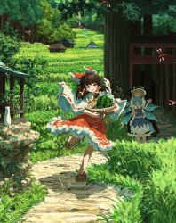 3girls ascot blonde_hair blue_bow blue_hair blue_skirt blue_vest blush bow bowl brown_hair bug building chin_rest cirno closed_eyes collared_shirt detached_sleeves dragonfly field flower food forest frilled_bow frilled_hair_tubes frilled_skirt frills fruit geta grass hair_bow hair_tubes hakurei_reimu hat head_on_head head_rest highres holding holding_bowl house ice ice_wings insect kajatony kirisame_marisa letterboxed long_hair looking_at_another looking_at_viewer medium_hair multiple_girls nature neckerchief nose_blush outdoors parted_lips path puffy_short_sleeves puffy_sleeves red_bow red_neckerchief red_skirt red_vest revision ribbon-trimmed_sleeves ribbon_trim road scenery shirt short_hair short_sleeves shrine sidelocks skirt skirt_set standing standing_on_one_leg sweatdrop torii touhou tree vase vest water watermelon white_flower white_shirt white_sleeves wide_sleeves wings witch_hat yellow_ascot