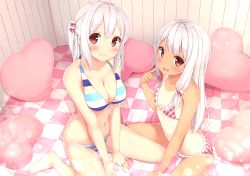 Rule 34 | 2girls, bare legs, barefoot, bikini, blush, breasts, cleavage, finger to mouth, flat chest, frilled bikini, frills, from above, front-tie bikini top, front-tie top, hair bobbles, hair ornament, heart, heart-shaped pillow, highres, indoors, karutamo, large breasts, light particles, long hair, looking at viewer, medium breasts, multiple girls, navel, on bed, one-piece tan, one side up, original, pillow, pink bikini, plaid, plaid bikini, red eyes, sitting, smile, striped bikini, striped clothes, swimsuit, tan, tanline, tisshu (karutamo), wariza, white hair