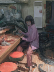 1girl absurdres animal_skull bar_counter bar_stool black_hair blood blunt_ends chopsticks glowing glowing_eyes highres looking_at_viewer medium_hair mushroom original pout red_eyes solo stool tentacles wooden_floor zygocactus