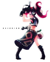 Rule 34 | 1girl, absurdres, alternate hairstyle, armor, belt, black footwear, black shirt, boots, closed mouth, commentary request, dual wielding, english text, from behind, full body, green eyes, headphones, highres, holding, looking at viewer, looking back, nintendo, octoling, overskirt, red hair, shirt, short hair, short sleeves, simple background, solo, splat dualies (splatoon), splatoon (series), splatoon 2, standing, takozonesu, takuzou, tentacle hair, toxic mist (splatoon), white background