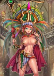 Rule 34 | 1girl, aztec, blue eyes, breasts, cape, headdress, highres, jewelry, large breasts, native american, navel, original, red hair, shaman, short hair, staff, temple, thighs, waifu2x
