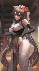 Rule 34 | 1girl, absurdres, alternate costume, animal ear fluff, animal ears, bare shoulders, black gloves, blurry, blurry background, blush, breasts, brown hair, cat ears, cleavage, closed mouth, elbow gloves, genshin impact, gloves, hair ornament, highres, hu tao (genshin impact), leviathan (hikinito0902), long hair, looking at viewer, medium breasts, panties, red eyes, red panties, smile, solo, symbol-shaped pupils, thighs, tongue, tongue out, twintails, underwear