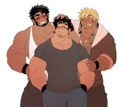 Rule 34 | 3boys, affectionate, arm hair, bara, beard, blonde hair, boy sandwich, character request, chest hair, dark-skinned male, dark skin, edwin (kokukokuboo), facial hair, feet out of frame, fingernails, glasses, goatee, grey pants, grey shirt, hand on another&#039;s arm, happy, highres, jacket, jewelry, kokukokuboo, large pectorals, long sideburns, male focus, mature male, multiple boys, muscular, muscular male, necklace, open clothes, open jacket, orange-tinted eyewear, original, pants, partially unbuttoned, pectoral cleavage, pectorals, pointy ears, sandwiched, sharp fingernails, shirt, short hair, sideburns, sleeves rolled up, smile, standing, sunglasses, tank top, thick eyebrows, tinted eyewear, white tank top