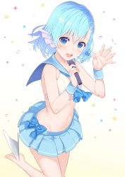 Rule 34 | 1girl, :d, bare shoulders, barefoot, beads, blue bow, blue hair, blue skirt, bow, commentary request, crop top, elliot leucosia, fins, fish girl, hair beads, hair between eyes, hair ornament, head fins, highres, holding, holding microphone, leg up, looking at viewer, medium hair, microphone, navel, open mouth, original, pleated skirt, sailor collar, skirt, sleeveless, smile, solo, standing, standing on one leg, star (symbol), stomach, takunomi, teeth, upper teeth only, webbed hands, wrist cuffs