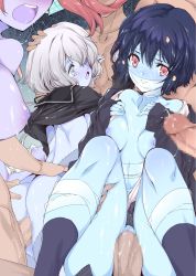 Rule 34 | 4girls, absurdres, ass, ass grab, bandages, black hair, blue eyes, blue skin, breasts, breasts out, censored, closed mouth, unworn clothes, colored skin, cum, cum on body, cum on upper body, doggystyle, highres, konno junko, leg grab, legs, minamoto sakura, mizuno ai, multiple boys, multiple girls, nipples, open mouth, penis, red eyes, red hair, saliva, saliva trail, sex, sex from behind, short hair, small breasts, tagme, tearing up, uniform, white hair, yuiga naoha, zombie, zombie land saga