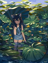 Rule 34 | 1girl, :o, absurdres, animal ear fluff, animal ears, bare shoulders, black hair, blue shirt, blush, cat ears, collarbone, commentary, cowboy shot, day, english commentary, eyebrows hidden by hair, green eyes, highres, holding, kgt (pixiv12957613), long bangs, long hair, open mouth, original, plant, refraction, shirt, signature, sleeveless, solo, sunlight, thighs, wetland