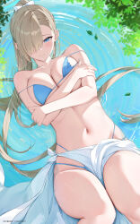 Rule 34 | 1girl, absurdres, asuna (blue archive), bare arms, bare legs, bare shoulders, bikini, blue archive, blue bikini, blue eyes, blush, breasts, closed mouth, groin, hair over one eye, highres, large breasts, light brown hair, long hair, mole, mole on breast, navel, partially submerged, rosumerii, sarong, solo, swimsuit, very long hair, white sarong