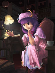 Rule 34 | 1girl, book, female focus, hat, highres, library, long hair, patchouli knowledge, purple hair, ribbon, solo, touhou, voile, yukiman