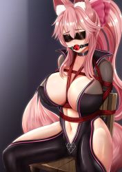 Rule 34 | 1girl, animal ear fluff, animal ears, ball gag, bdsm, black bodysuit, blindfold, blush, bodysuit, bondage, bound, breasts, cameltoe, chair, cleft of venus, commentary, covered erect nipples, fate/grand order, fate (series), fox ears, fox tail, gag, hair ribbon, hexelica, hip vent, koyanskaya (assassin) (first ascension) (fate), koyanskaya (fate), large breasts, long hair, navel, pink hair, plunging neckline, red ribbon, restrained, ribbon, shibari, shiny clothes, sitting, solo, tail, tamamo (fate), teeth, wiffle gag, yellow eyes