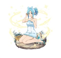 Rule 34 | 1girl, asuna (sao-alo), barefoot, blue eyes, blue hair, blue towel, feet, frilled towel, frills, full body, hand in own hair, kneeling, long hair, looking at viewer, naked towel, official art, parted lips, pointy ears, ponytail, sidelocks, simple background, smile, solo, sword art online, towel, white background
