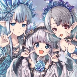 Rule 34 | 3girls, blue eyes, blue hair, blush, breasts, character request, collarbone, commentary request, erin (granblue fantasy), granblue fantasy, grey hair, hair ornament, highres, hood, hooded jacket, jacket, kuroi mimei, lily (granblue fantasy), long hair, looking at viewer, multiple girls, open mouth, pointing, pointing at self, pointy ears, portrait, red eyes, short hair, small breasts, tia (granblue fantasy), tiara