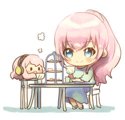 Rule 34 | 2girls, blue dress, blue eyes, blush stickers, chair, chibi, commentary, cup, dress, headphones, holding, holding cup, holding saucer, kikuchi mataha, long hair, megurine luka, multiple girls, octopus, open mouth, pink hair, ponytail, saucer, sitting, smile, solid oval eyes, symbol-only commentary, table, takoluka, tea party, teacup, tiered tray, vocaloid, white background