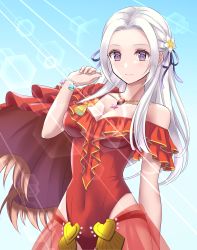 Rule 34 | 1girl, absurdres, blush, edelgard von hresvelg, fire emblem, fire emblem: three houses, fire emblem heroes, flower, frilled one-piece swimsuit, frills, hair ornament, hair ribbon, highres, kakiko210, long hair, looking at viewer, nintendo, one-piece swimsuit, open mouth, purple eyes, ribbon, solo, swimsuit, white hair