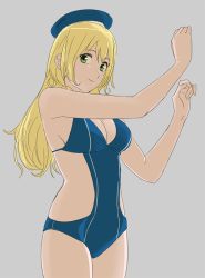Rule 34 | 10s, 1girl, adapted costume, arms up, atago (kancolle), blonde hair, blue one-piece swimsuit, breasts, casual one-piece swimsuit, cleavage, clothing cutout, cowboy shot, green eyes, grey background, hat, kantai collection, long hair, looking at viewer, medium breasts, ojipon, one-piece swimsuit, side cutout, simple background, smile, solo, swimsuit