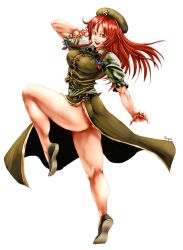 Rule 34 | 1girl, ass, beret, bow, braid, breasts, derivative work, female focus, green eyes, hair bow, hat, highres, hong meiling, large breasts, leg up, legs, long hair, muscular, muscular female, no panties, open mouth, red hair, short sleeves, side slit, skirt, smile, solo, star (symbol), terrajin, thick thighs, thighs, touhou, twin braids