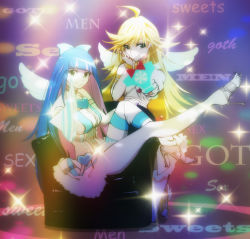 Rule 34 | 10s, 2girls, aiming, aiming at viewer, alternate costume, blonde hair, blue eyes, blue hair, corset, english text, gun, high heels, jewelry, long hair, lots of jewelry, multiple girls, panty &amp; stocking with garterbelt, panty (psg), pororokka, shoes, siblings, single thighhigh, sisters, smile, stocking (psg), striped clothes, striped legwear, striped thighhighs, sword, thighhighs, weapon, wings