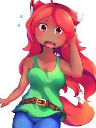 Rule 34 | 1girl, absurdres, ahoge, animal ears, bare shoulders, belt, blue pants, brown belt, cowboy shot, dark-skinned female, dark skin, fang, female focus, fox ears, fox tail, green tank top, hand on own head, highres, kalia3see, long hair, looking at viewer, open mouth, pants, red eyes, red hair, solo, tail, tank top, terraria, white background, zoologist (terraria)
