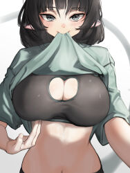 Rule 34 | 1girl, absurdres, animal ears, black hair, blunt bangs, blush, breasts, clothes lift, fingernails, green shirt, grey eyes, highres, jane doe (zenless zone zero), large breasts, looking at viewer, mouse ears, mouse girl, mouse tail, navel, rnjs4967, shirt, shirt lift, sidelocks, simple background, smile, solo, tail, upper body, zenless zone zero