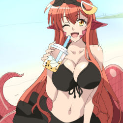 Rule 34 | 1girl, ;d, bare shoulders, beach, bikini, bikini skirt, bikini top only, black ribbon, black skirt, breasts, bubble tea, drink, drinking straw, fang, hair between eyes, hair ornament, hair ribbon, hairclip, horizon, lamia, large breasts, long hair, looking at viewer, lowres, midriff, miia (monster musume), monster girl, monster musume no iru nichijou, navel, ocean, one eye closed, open mouth, pointy ears, poncho (artist), red hair, ribbon, scales, skirt, slit pupils, smile, swimsuit, tail, yellow eyes