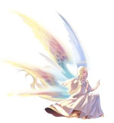 Rule 34 | 1girl, angel, angel wings, blonde hair, christianity, dress, eyelashes, gabriel (angel), habit, halo, kneeling, kyara36, long hair, mythology, solo, white background, white dress, wings
