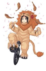 Rule 34 | 1girl, animal costume, black hair, chestnut mouth, flower, food, full body, highres, juggling, lion costume, looking at viewer, meat, official art, princess principal, princess principal game of mission, riding bike, simple background, solo, toudou chise, transparent background, unicycle
