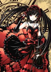 Rule 34 | 1girl, black hair, breasts, choker, cleavage, clock eyes, collarbone, date a live, detached sleeves, dress, floating hair, gothic lolita, goyanajou, gun, hairband, highres, holding, holding gun, holding weapon, lolita fashion, lolita hairband, long hair, looking at viewer, medium breasts, red dress, red eyes, signature, sketch, sleeveless, sleeveless dress, smile, solo, standing, symbol-shaped pupils, tokisaki kurumi, twintails, very long hair, weapon