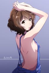 Rule 34 | 1girl, armpits, arms up, blue background, blue overalls, breasts, brown hair, commentary request, dated, gradient background, hibike! euphonium, highres, looking at viewer, medium breasts, naked overalls, nii manabu, oumae kumiko, overalls, short hair, sideboob, signature, solo, yellow eyes
