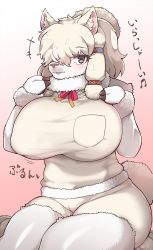 Rule 34 | +++, 1girl, absurdres, alpaca ears, alpaca girl, alpaca suri (kemono friends), alpaca tail, alternate breast size, animal ear fluff, animal ears, animal nose, blonde hair, body fur, breast pocket, breasts, commission, covered erect nipples, curvy, fur-trimmed sleeves, fur scarf, fur trim, furrification, furry, furry female, grey eyes, hair bun, hair over one eye, hands up, highres, hooves, horizontal pupils, huge breasts, impossible clothes, kemono friends, light blush, long bangs, long sleeves, looking at viewer, medium hair, neck ribbon, parted lips, pixiv commission, pocket, ribbon, scarf, shirt, short shorts, shorts, single hair bun, sitting, smile, snout, solo, sweater vest, tail, tanaka kusao, white fur
