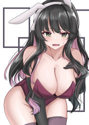 Rule 34 | 1girl, absurdres, alternate costume, animal ears, black gloves, black hair, breasts, cleavage, covered navel, detached collar, elbow gloves, fake animal ears, gloves, hair down, hairband, highleg, highleg leotard, highres, kantai collection, large breasts, leotard, long hair, looking at viewer, multicolored hair, naganami (kancolle), open mouth, pink hair, playboy bunny, purple leotard, purple thighhighs, rabbit ears, rabbit tail, solo, strapless, strapless leotard, tail, thighhighs, tokiwa senkei, two-tone hair, wavy hair, white background, white hairband, wrist cuffs, yellow eyes