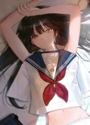 Rule 34 | 1girl, arms up, blue sailor collar, blue skirt, brown eyes, brown hair, commentary, expressionless, long hair, lying, navel, neckerchief, on back, original, oto1 030, panties, pleated skirt, red neckerchief, sailor collar, school uniform, serafuku, shirt, unworn shirt, short sleeves, skirt, unworn skirt, solo, stomach, symbol-only commentary, underwear, upper body, white panties, white shirt