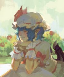 Rule 34 | 1girl, bad id, bad pixiv id, blue hair, bow, hat, hat ribbon, head rest, nail polish, own hands together, pointy ears, red eyes, remilia scarlet, ribbon, rose bush, saiko67, shade, short hair, short sleeves, solo, touhou, wrist cuffs