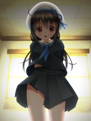 Rule 34 | 1girl, arms behind back, backlighting, black hair, black serafuku, black skirt, commentary request, cowboy shot, hat, kanna hisashi, long hair, looking at viewer, low twintails, open mouth, original, pleated skirt, red eyes, school uniform, serafuku, skirt, solo, twintails, upskirt