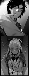 Rule 34 | 1boy, 1girl, absurdres, ahoge, artoria caster (fate), artoria caster (second ascension) (fate), artoria pendragon (fate), blush, breasts, chaldea uniform, command spell, dress, fate/grand order, fate (series), fujimaru ritsuka (male), greyscale, highres, hxd, long hair, long sleeves, looking at viewer, monochrome, ponytail, short hair, sidelocks, small breasts