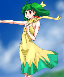 Rule 34 | 00s, 1girl, ahoge, bare shoulders, blush, breasts, cropped legs, dress, female focus, green hair, long hair, looking to the side, macross, macross frontier, music, open mouth, outstretched arm, ranka lee, red eyes, rikumoto yoshiyuki, scarf, singing, sleeveless, sleeveless dress, small breasts, solo, twintails, yellow dress