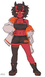 Rule 34 | 1girl, :t, ankle boots, black hair, black shorts, black tank top, boots, closed mouth, colored skin, commentary, contrapposto, english commentary, full body, grey jacket, hand on own hip, horns, jacket, jitome, kidouko (zakusi), looking to the side, midriff, navel, off-shoulder jacket, off shoulder, oni, oni horns, open clothes, open jacket, orange eyes, original, red oni, red skin, short hair, shorts, signature, simple background, slit pupils, solo, tank top, two-sided fabric, two-sided jacket, white background, zakusi
