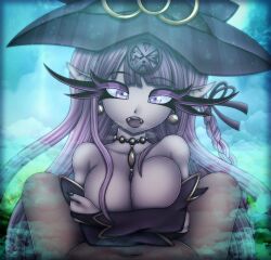 Rule 34 | 1girl, absurdres, amulet, breasts, cloudy, danganronpa: trigger happy havoc, danganronpa (series), demon girl, earrings, eyelashes, fangs, female focus, hairpiece, hat, highres, jewelry, kirigiri kyoko, large breasts, long eyelashes, long hair, looking at viewer, lying, necklace, outdoors, outdoors sex, paizuri, pink eyes, pink hair, pov, solo focus, squished boobs, steam, steamy, topless, vrabo, witch hat