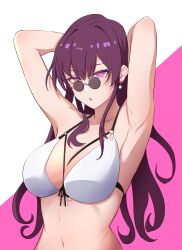 Rule 34 | 1girl, absurdres, alternate hairstyle, armpits, arms up, bikini, breasts, bright pupils, cleavage, collarbone, commentary, earrings, english commentary, glasses, highres, honkai: star rail, honkai (series), jewelry, kafka (honkai: star rail), large breasts, long hair, looking at viewer, navel, open mouth, pince-nez, purple background, purple eyes, purple hair, round eyewear, solo, stomach, sunglasses, sweat, swimsuit, two-tone background, upper body, white background, white bikini, white pupils, zelineart