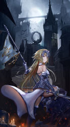 Rule 34 | 1girl, absurdres, armor, armored boots, armored dress, banner, black panties, black thighhighs, blonde hair, boots, detached sleeves, fate/apocrypha, fate (series), floating hair, from behind, full moon, fur-trimmed legwear, fur-trimmed sleeves, fur trim, gauntlets, highres, holding, holding sword, holding weapon, jeanne d&#039;arc (fate), jeanne d&#039;arc (ruler) (fate), long hair, long sleeves, looking at viewer, moon, night, outdoors, panties, purple eyes, shi qi kuang beng, shoulder blades, solo, standing, sword, thighhighs, underwear, very long hair, weapon