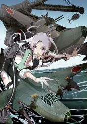 Rule 34 | &gt;:o, 10s, 1girl, :o, ahoge, aircraft, airplane, akitsushima (kancolle), bad id, bad pixiv id, blue sky, boushi-ya, day, earrings, gloves, hair ornament, jewelry, kantai collection, light purple hair, long hair, miniskirt, nishikitaitei-chan, open mouth, purple eyes, side ponytail, skirt, sky, solo, v-shaped eyebrows, vehicle focus, water, white gloves