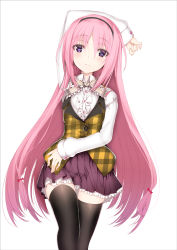 Rule 34 | 1girl, arm up, black thighhighs, bow, char, hair bow, hairband, highres, long hair, looking at viewer, original, pink hair, plaid, purple eyes, simple background, skirt, solo, thighhighs, white background