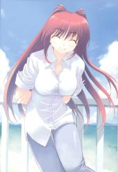 Rule 34 | 1girl, ^ ^, amazuyu tatsuki, arms behind back, breasts, closed eyes, dress shirt, highres, kousaka tamaki, large breasts, leaning forward, long hair, red hair, shirt, sleeves pushed up, sleeves rolled up, smile, solo, to heart (series), to heart 2, very long hair
