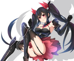 Rule 34 | 1girl, artist request, ass, bad id, bad pixiv id, bare shoulders, black dress, black hair, black panties, black thighhighs, blush, boots, breasts, cleavage, detached collar, dress, elbow gloves, fingerless gloves, four goddesses online: cyber dimension neptune, garter straps, gloves, hair between eyes, hair ribbon, long hair, looking down, medium breasts, neptune (series), noire (neptunia), open mouth, panties, pantyshot, red eyes, ribbon, ribbon-trimmed dress, shiny skin, skirt, solo, thigh boots, thighhighs, twintails, underwear, very long hair